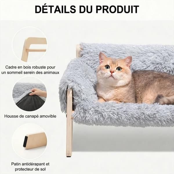 Træ Indendørs Katte Sofa/Seng – Moderne Design med Ultrablød, Vaskbar Plys Overflade – Grå