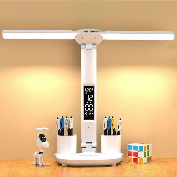 LED Skrivebordslampe med Penneholder/Digital Klokke Multifunksjonell Skrivebordslampe for Husholdning Barnerom A