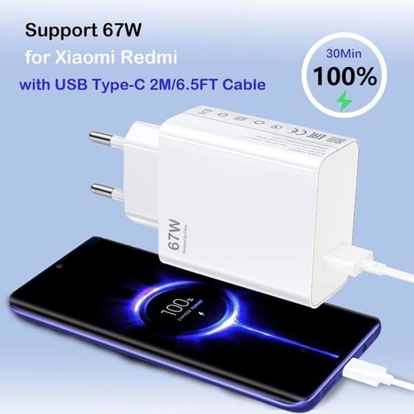 67W USB snabbladdare - Xiaomi - Redmi Note 13 Pro - 2m kabel - Överspänningsskydd - Vit C Puissance : 67W