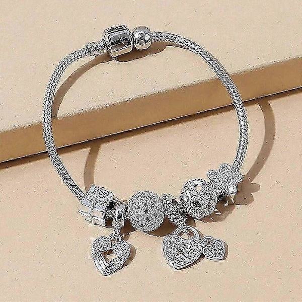 Naisten korut kultainen charmirannekoru Pandora-tyyliin ruusuhopeanvärisenä, 19 cm sydäncharmeilla, rannekorut Y2K, käsikorut, rannekoru naisille/teineille Silver Heart