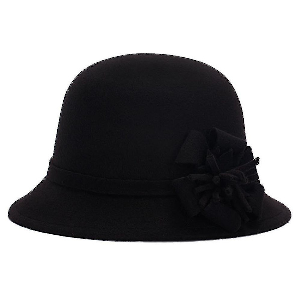 Vintage Dame Imitert Ull Ensfarget Blomsterdekor Bøttehatt Bowler Cap Black