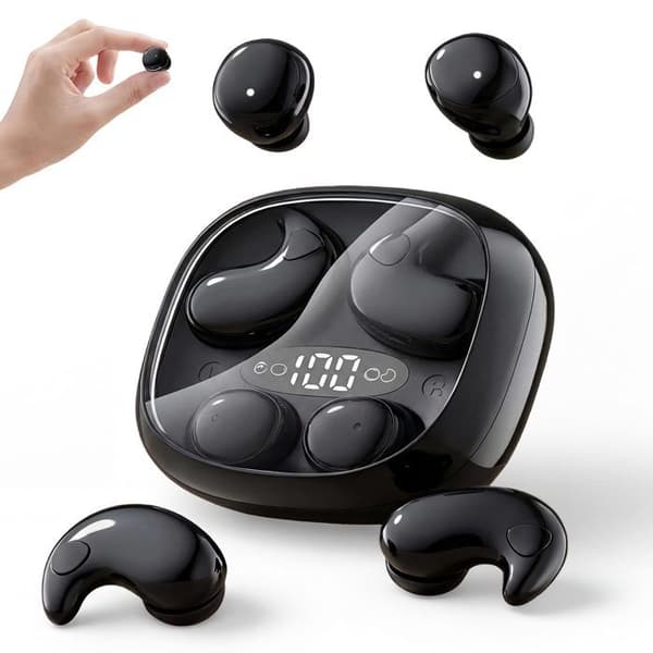 Diskrete in-ear hovedtelefoner til sidesovere – Mini 2-i-1 trådløse Bluetooth sove-øretelefoner – Sort