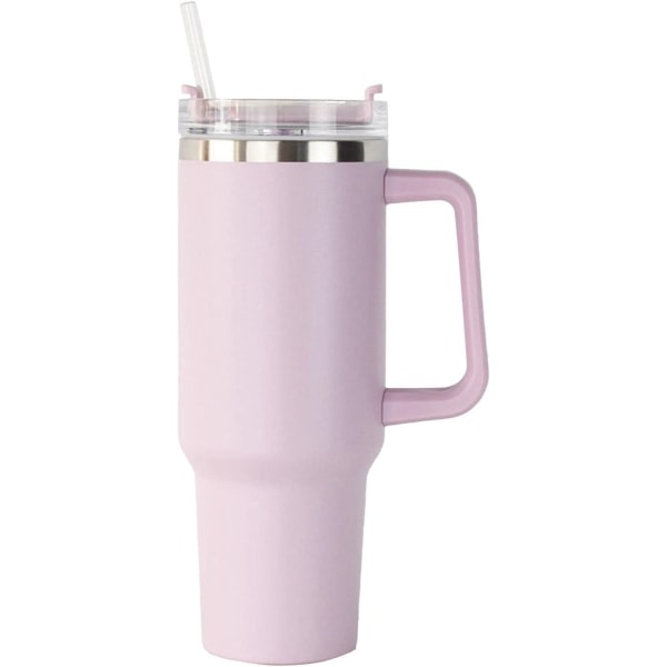 Rustfrit stål vandflaske | Krus med sugerør og håndtag | Lækagesikker vakuumisoleret vandflaske til varm iskaffe (lys pink)