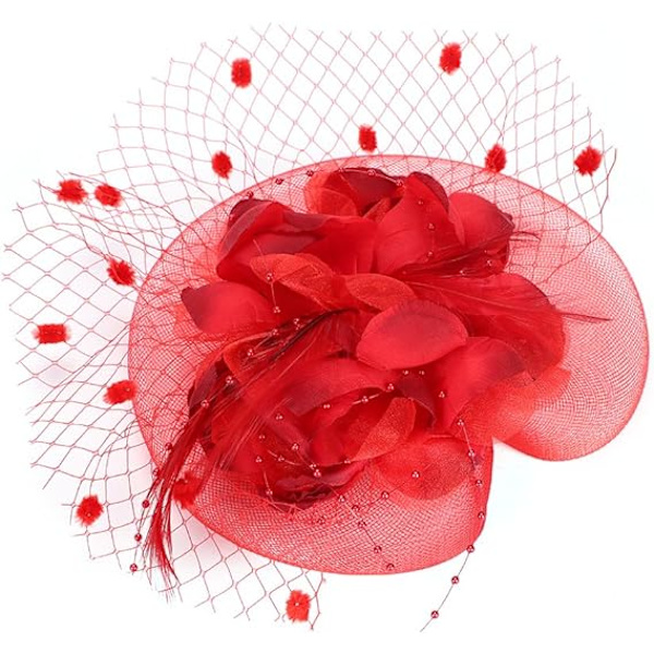 Damer Fascinator Pillbox Hatt Kvinner Blomst Bowler Hatt Fjær Brud Bryllup Cocktail Hatt Hårklipp Fest Hatt Hårtilbehør med Hårløkke red