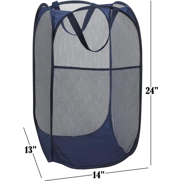 75L Deluxe Sterk Mesh Pop-up Vaskeri Kurv med Sidelomme for Vaskerom, Bad, Barnerom, Studentbolig eller Reise (Marineblå, 36x36x60cm)