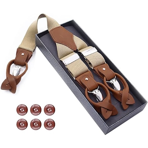 Herre seler med clips og knapper, slidstærke seler til herrebukser med knaplukning, vintage seler til mænd, elastiske, justerbare Y-form (beige)