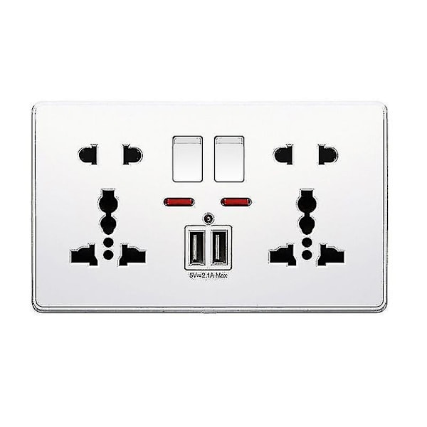 Multifunksjons stikkontakt med trykknapp, UK 13A, 2.1A dobbel USB-lader, tre- og to-hulls vegguttak White