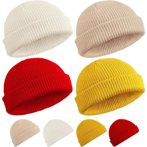 4 kappaletta Trawler-pipo Watch Hat Roll up Edge Skullcap Fisherman Beanie Unisex-Valkoinen, Beige, Punainen, Keltainen