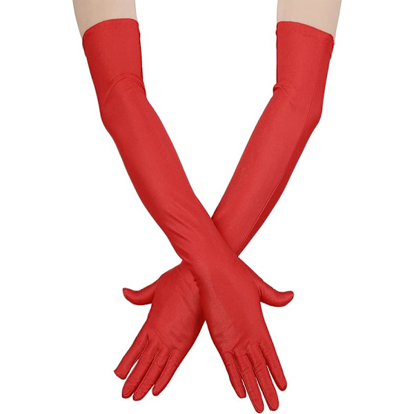 Dam långa satinfingerhandskar opera bröllopsdanshandskar fest stretchiga handskar (röd)