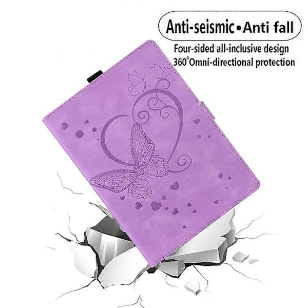 Samsung Galaxy Tab A9:lle suunniteltu nahkainen tabletin suojakotelo, jossa on rakkausperhonen-reliefikuvio Purple