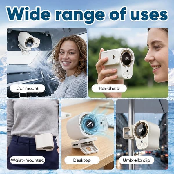 Bilventilator med klips til AC-udstødning LED-display 360° rotation USB genopladelig personlig ventilator til bil, kontor, camping og rejser beige