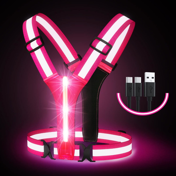 LED reflekterende vest, USB genopladelig, justerbar talje/skulder - Pink