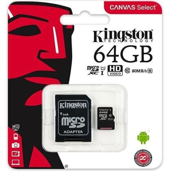 Kingston Canvas Select microSDXC-kort - 64 GB - Klass 10/UHS-I (U1) - 80 MB/s Läs - 10 MB/s Skriv