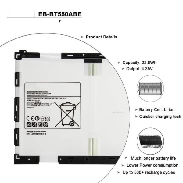 Hubei EB-BT550ABE Laptop Batteri til Samsung Galaxy Tab A 9.7 T550 T555 T555C P550 P555C Tablet(3.8V 22.8Wh 6000