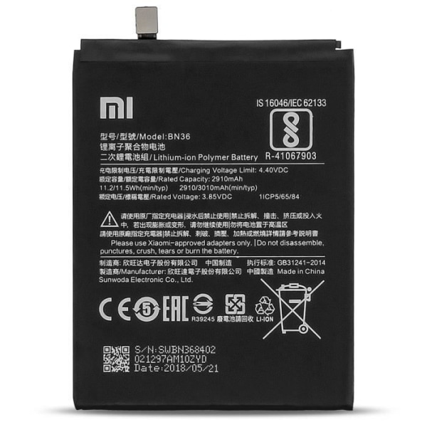 Internt batteri Xiaomi Mi A2 / 6X Li-Polymer Model BN36 3010 mAh Sort