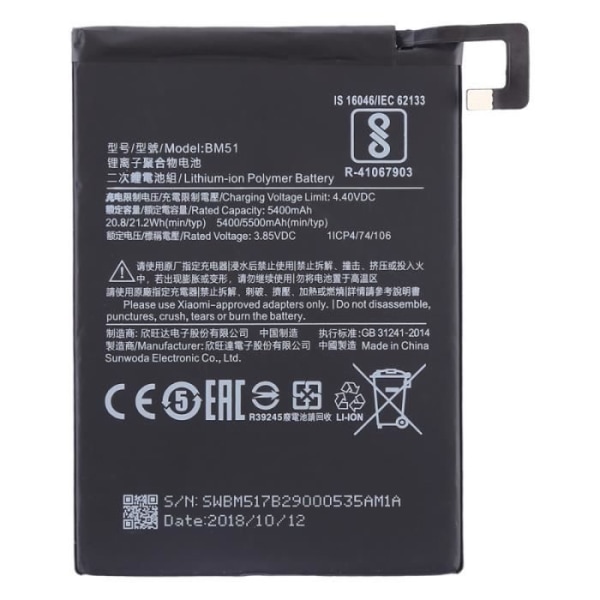 Bm51 5400mah Li-polymer batteri för Xiaomi Mi Max 3 - 251673 svart