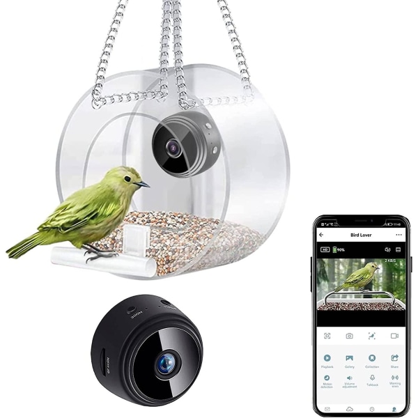 Smart fågelmatare med kamera, fågelkameramatare med kedja för utomhusupphängning, HD 1080p nattversion av videokamera