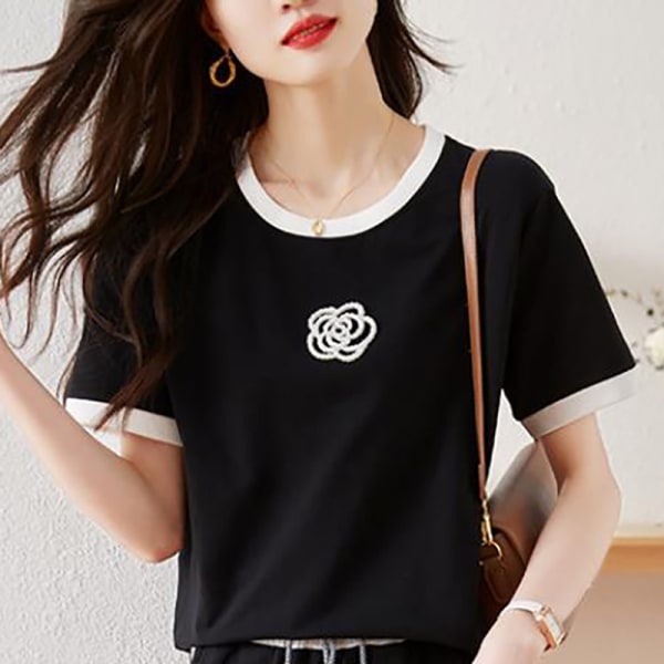 Set Kvinnor Sommar Kortärmad T-Shirt Blommig Pullover Stickat Black L