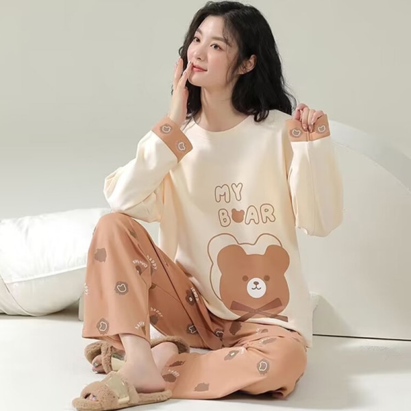 Fashionabla hem Casual Lös Cartoon Bear Pyjamas Tvådelad Se Apricot M