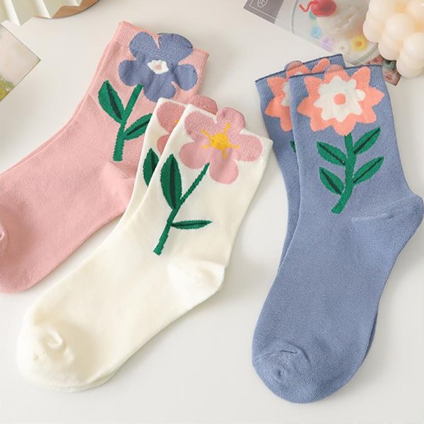 Bomull Damstrumpor Casual Andas n Style Cartoon Flower Ca White