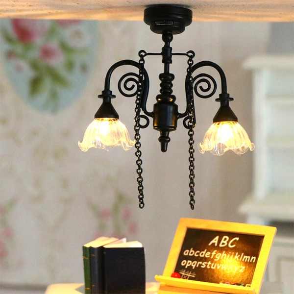 1:12 Dockhus Miniatyr LED-taklampa Ljuskrona Droplight Black