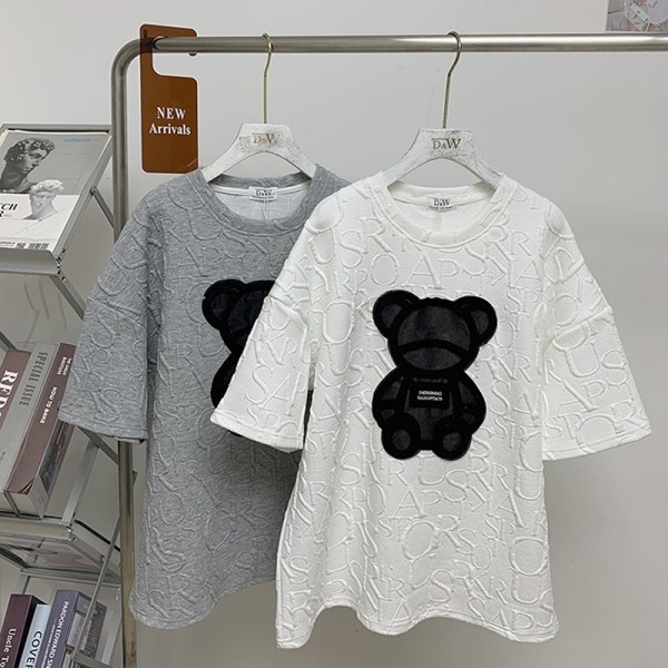 Printed Bear Letter Kortärmad Rundhals Kvinnor Casual Lös Black 2XL