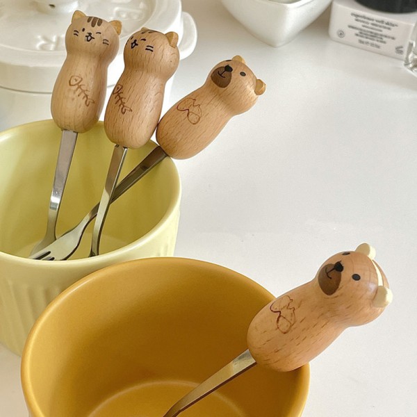 e Tecknad Bear Cat Sked Gaffel Stock Handtag n Rostfritt stål Tabell Cat Scoop