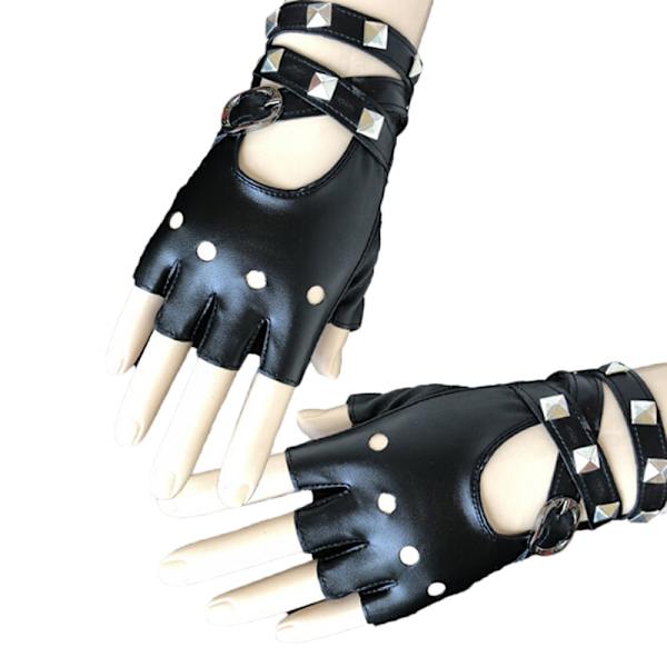 Kvinnors läder Half Finger Handskar Punk Nitar Bälte Handskar White