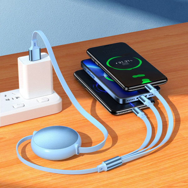 3-i-1 indragbar 6A 100W USB kabel för iPhone USB till 8-stift/typ Pink
