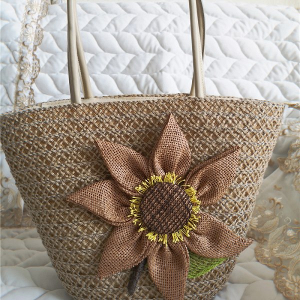 Straw Bag Hampa Flower Woven Bag Beach Bag Summer Straw Casual W Coffee