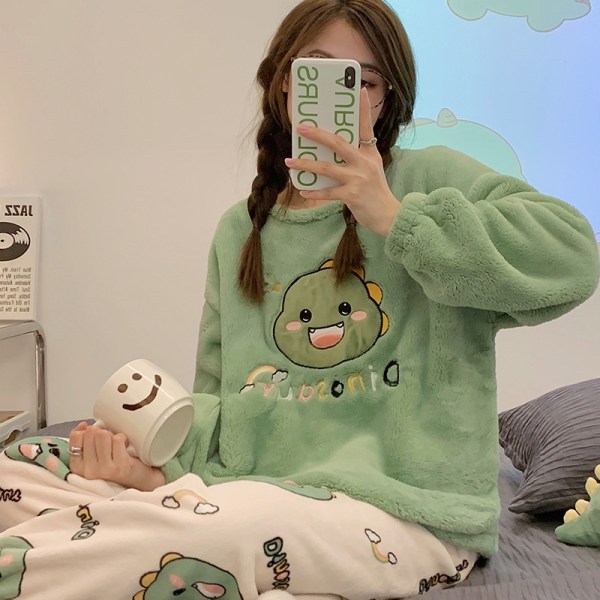 Kawaii Cartoon Pyjamas Sets Kvinnor Coral Velvet Casual Sleepwear E XL