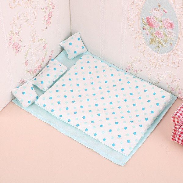 1Set 1:12 Dockhus Miniatyrsäng Fyra delar Lakan Quilt Pi Blue