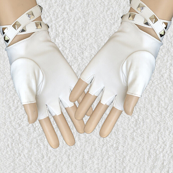 Kvinnors läder Half Finger Handskar Punk Nitar Bälte Handskar White