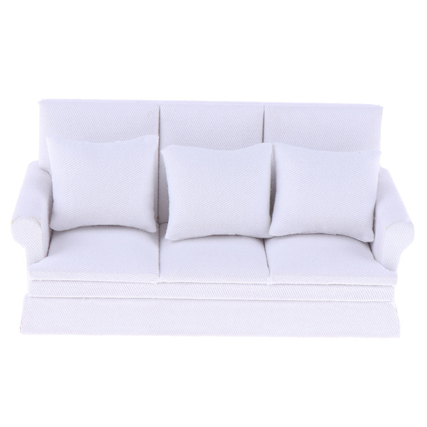 mini leksak dockhus möbler mjuk trä soffa med kudde Mi White