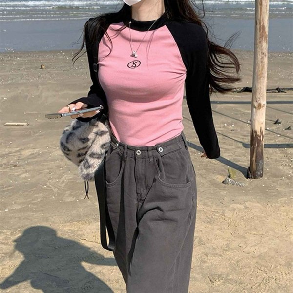 Bokstavsbroderi för kvinnor med rund hals, långärmad t-shirt S Pink XL
