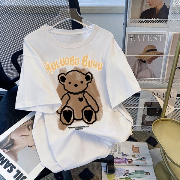 Retro Bear Printed T-shirt Damer Lös rund hals Kort ärm White 2XL