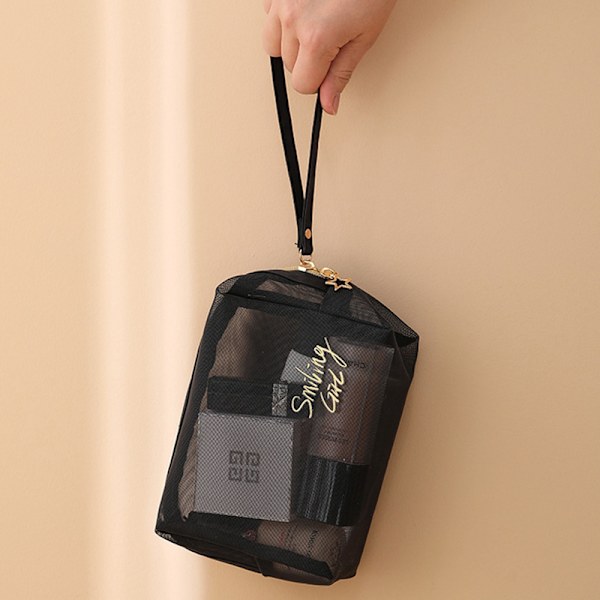Svart mesh kosmetisk väska kvinnor resor Casual dragkedja case Organiz Square bag