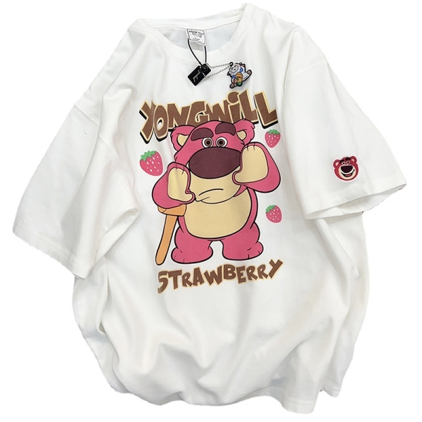 Sommar Kvinnor Kortärmad Lös Mode Strawberry Bear Printin White