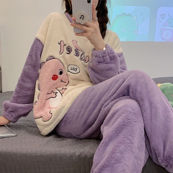 Kawaii Cartoon Pyjamas Sets Kvinnor Coral Velvet Casual Sleepwear E XL