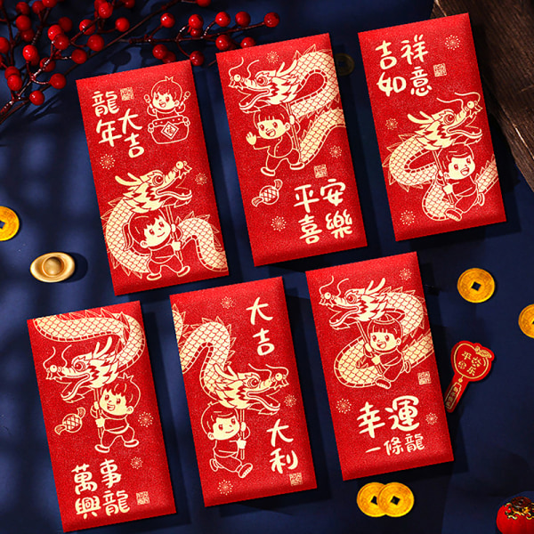 6 STK 2024 Drakens år Långt rött kuvert Dragon Lucky Money A6