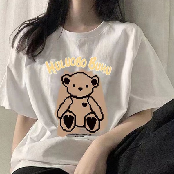 Retro Bear Printed T-shirt Damer Lös rund hals Kort ärm Light gray 2XL
