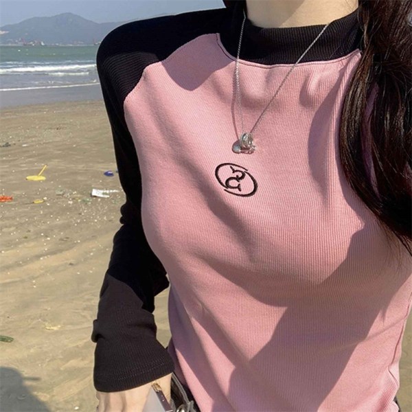 Bokstavsbroderi för kvinnor med rund hals, långärmad t-shirt S Pink S