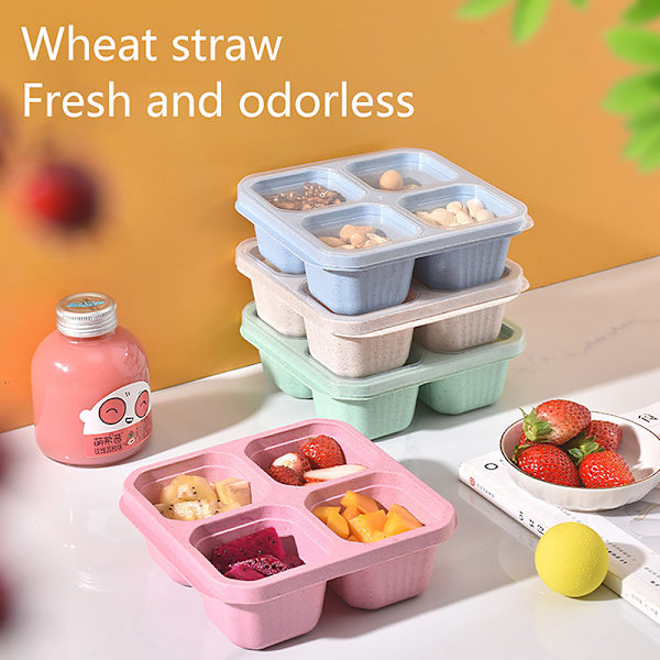 Snack Box Vete Halm Behållare Med Lock 4-Fack För Dess Beige