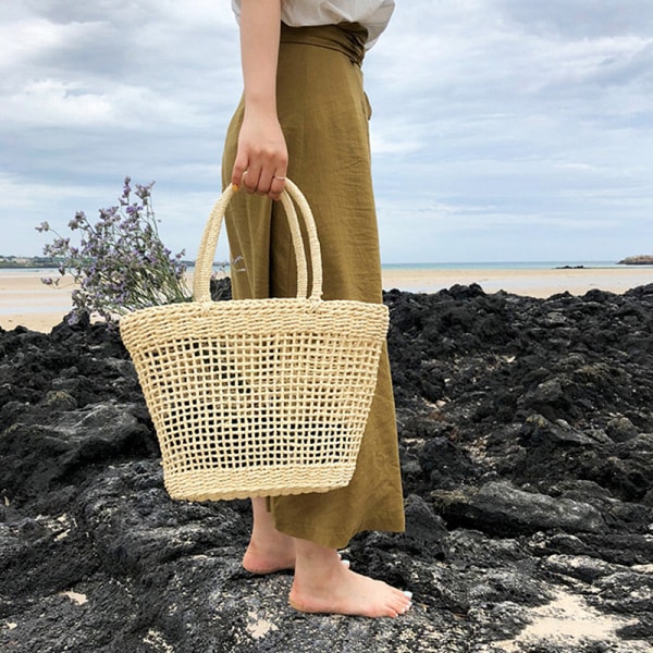 Den nya Wisp Mesh Rutig handgjord halmväska Casual Woven Wom Coffee