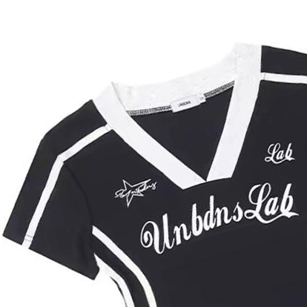 Retro Letter Print V-ringad Kortärmad T-shirt Dam Y2K Slim Black S