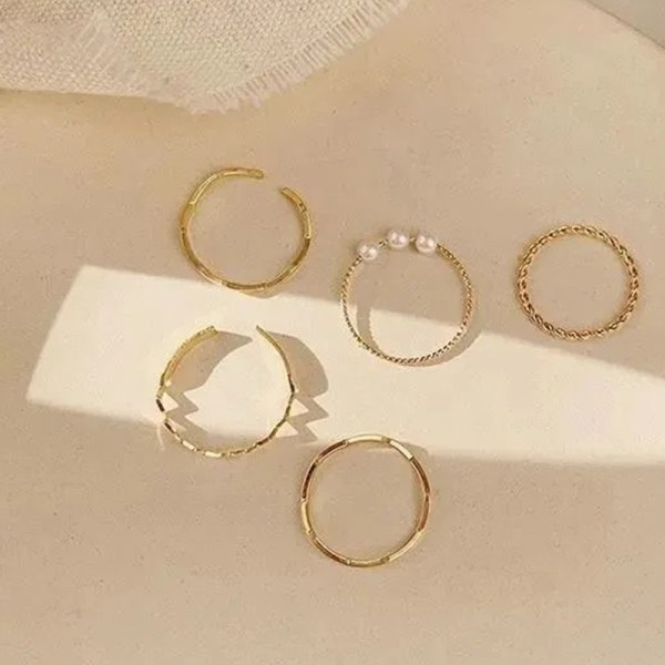 5PCS n Style Simple Pearl Finger Ring Set Öppning Justerbar R Gold