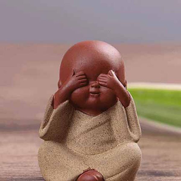 Liten Buddha Staty Munk Lila Clay Tea Pet Figurine Hantverk A