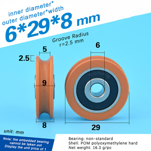 Hög kvalitet 6*29*8mm Orange U-formad lagerhjul för dörrvinst