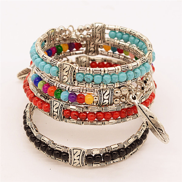 Mode Tibetansk Silver Feather Armring Kvinnor Gypsy Turkos Vin Multicolor 20cm