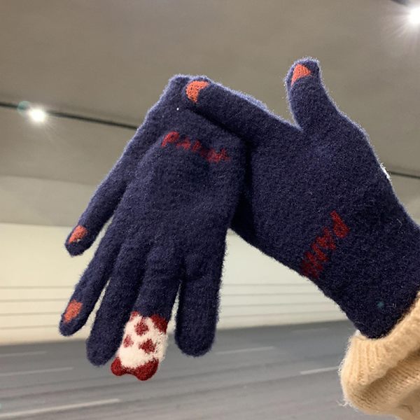 Varma vinter Touch Handskar Stretch Stickade Vantar Ull Full Finger Navy blue